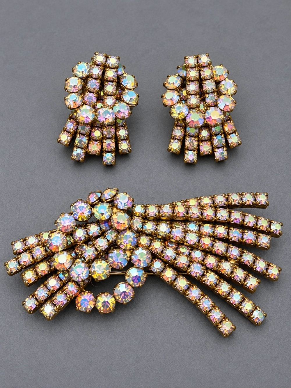 Vintage Continental Aurora Borealis Brooch and Earring Set -